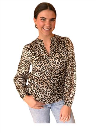 Current Air Ruffled Split Neck Longsleeves Top In Beige