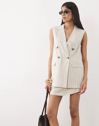 Miss Selfridge Blazer doppiopetto effetto lino a righe neutre in coordinato-Neutro