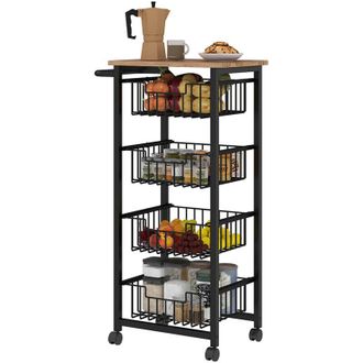HOMCOM Carrellino Cucina 4 Cestini, Ruote e Freni in Acciaio e Legno Rovere