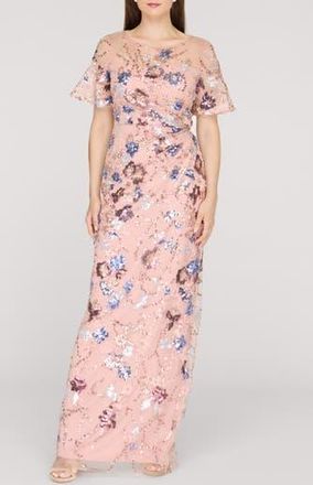 JS Collections Alisa Sequin Embellished Short Sleeve Column Gown in Rose Gold at Nordstrom Rack, Size 14