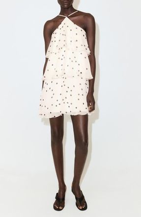 Mango Polka Dot Crinkle Tiered Minidress in Ecru at Nordstrom, Size 10