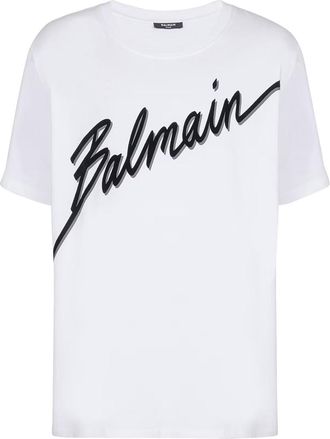 Balmain Mens Flocked Letter Logo T-Shirt in White Cotton - Size X-Large