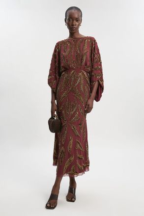 Karen Millen Womens Petite Kimono Sleeve Embellished Maxi Dress - Rust - Size 10 UK