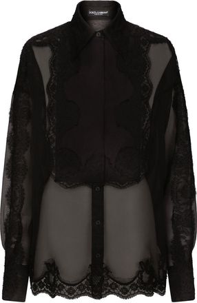 Dolce & Gabbana lace-trim organza tuxedo shirt - women - Silk/Cotton/Nylon/Rayon - 40 - Black