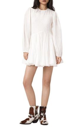 AllSaints Chia Smock Bodice Long Sleeve Cotton Blend Minidress in White at Nordstrom, Size 10 Us