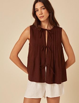 Nobody's Child Brown Linen-blend Tie Front Top
