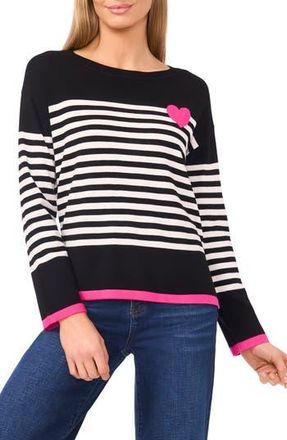 CeCe by Cynthia Steffe Sailor Stripe Heart Sweater in Rich Black at Nordstrom Rack, Size Xx-Small