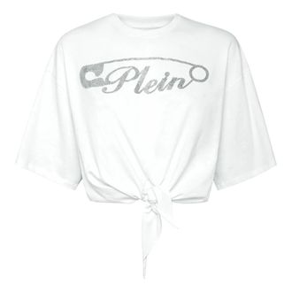 Philipp Plein Tops, Dames, Wit, S, Katoen, T-shirt Ronde Hals SS Crop