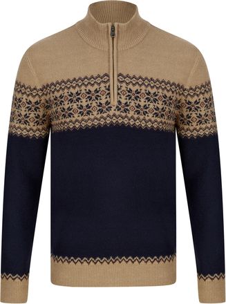 Kensington Eastside Mens Remedy Quarter Zip Fairisle Knit Funnel Neck Jumper Camel
