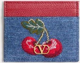 Valentino Garavani Portacarte VLogo Signature In Denim Con Ricamo Cherryfic Donna DENIM/MULTICOLOR UNI