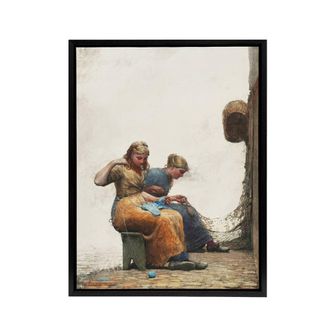 Artery8 Mending the Fishing Nets Winslow Homer Framed Canvas Wall Art Print in White | Size: W24 x H32