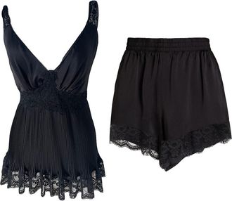 Paco Rabanne Plisse Black Crepe de Chine Lace Trimmed Top & Shorts Set Size M