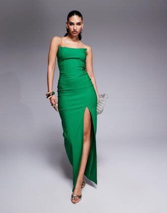 Vesper bengaline bandeau square edge side split midaxi dress in emerald-Green