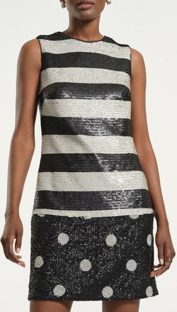 Isaac Mizrahi New York Mixed Print Sequin Shift Dress in Black White Dot at Nordstrom, Size X-Large