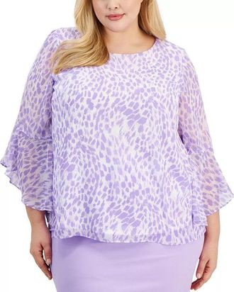 Kasper Blouse Top Womens Lavender Multi Ruffle TrimBell Sleeve FTS1210