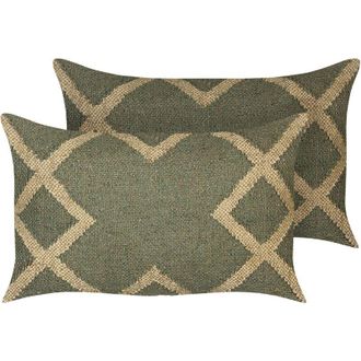 Beliani Conjunto De 2 Cojines De Yute Verde Oliva Beige 30 X 50 Cm A Mano Geom&eacute;trico Gopi