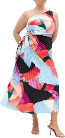 City Chic Aliza Print Cutout One-Shoulder Maxi Dress in Aspect at Nordstrom, Size Xxxs