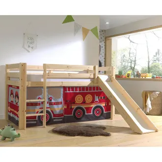 M&S Collection Cama De Media Altura 90x200 Con Tobog&aacute;n, Somier Y Funda Bombero Vipack Pino Madera