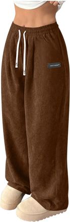 Generic Corduroy Trousers Women Casual Pull On Wide Leg Trousers with Pockets & Drawstring Ladies Elasticated Waist Lounge Pants Full Length Gym Running Track