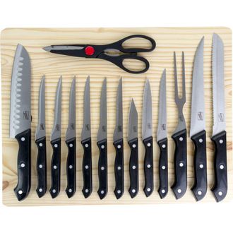Gibson Home Wildcraft 15 Piece Stainless Steel Cutlery Set with Pine Wood Cutting Board in Black at Nordstrom