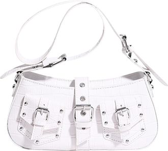 Generic Cymwer Women PU Leather Rivet Sling Bag Belt Buckle Underarm Bag Date Handbag (White)
