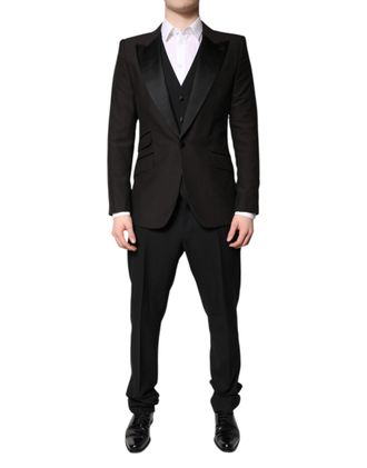 Dolce & Gabbana Mens Black Single Breasted Formal 3 Piece Suit Virgin Wool Silk Polyester