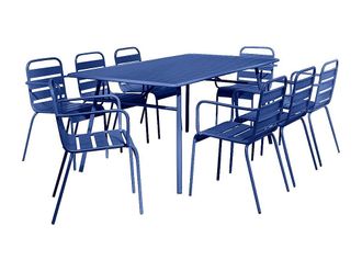 Vente-Unique Comedor de jard&iacute;n de metal - Mesa L.200 cm y 8 sillones apilables - Azul noche - MIRMANDE de MYLIA