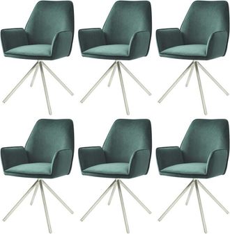 Hhg Juego de 6 sillas de comedor HHG 851, silla de cocina apoyabrazos, giratoria auto posición, terciopelo mvg, verde, acero inoxidable