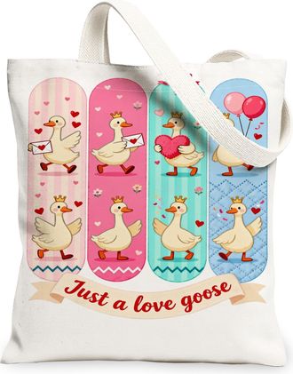 Generic Cute Duck Canvas Tote Bags, Adorable Bird Pattern Reusable Grocery Bags, Spring Fun Playful Lightweight Washable Shoulder S, White, 13x15 Inch