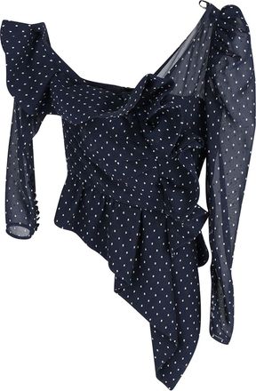 Self Portrait One-Shoulder Ruffled Swiss-Dot Chiffon Top in Navy Blue Polyester