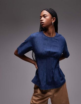 Arket Blusa leggera in denim blu lavaggio medio con corpino a pieghe