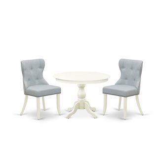 East West Furniture HBSI3-LWH-15 3 Piece Table Set - Linen White Small Kitchen Table and 2 Baby Blue Linen Fabric Dining Chairs Button Tufted Back with Nail Heads - Linen