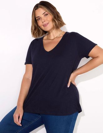 Live Unlimited London Womens Navy Cotton Slub V-Neck T-Shirt - Size: 14