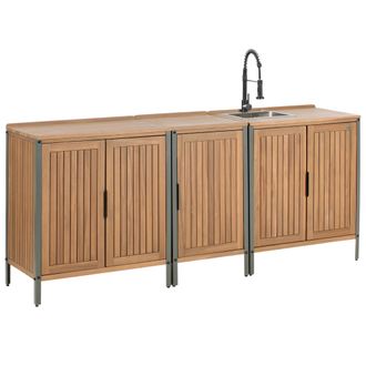Beliani Conjunto De 3 Armarios De Madera De Acacia Para Cocina Exterior Con Fregadero Y Grifo Estantes Encimera De Madera Maciza Acero Inoxidable Marr&oacute;n/negro
