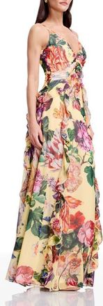 Dress The Population Jayden Floral Ruffle A-Line Gown in Golden Floral Multi at Nordstrom, Size Xx-Large