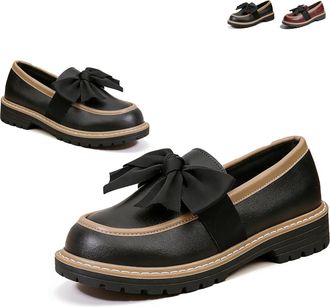 Generic Womens Patent Bowknot Thick Sole Loafers Fashion Round Toe Lug Sole Low Block Heel Elegant Dress Shoes Non-Slip Loafers for Office Business Work Every