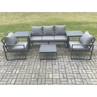 Fimous Fimous Aluminium Outdoor Garden Furniture Set Lounge Sofa 2 PC Chairs Square Coffee Table Sets with 2 Side Tables Dark Grey
