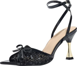 Generic Heel Sandals for Women 9CM Sexy Ankle Strap Mesh Sequins Pointed Toe Bow Party Dress Heel Wedding Evening (11.5,Black)