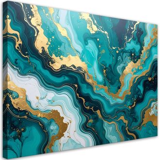 Feeby Cuadro Sobre Lienzo Abstracci&oacute;n De M&aacute;rmol Turquesa Y Dorado 100x70