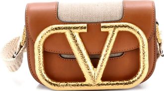 Valentino Garavani Supervee Linen with Leather Small crossbody bag - Bruin