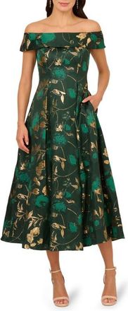 Adrianna Papell Off the Shoulder Fit & Flare Cocktail Dress in Hunter/Gold at Nordstrom, Size 12