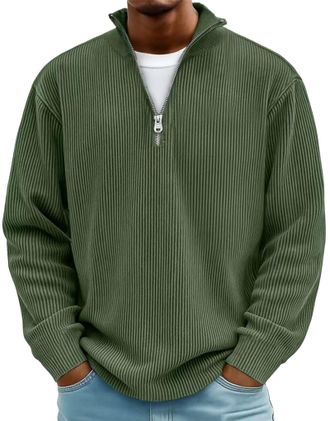 Generic Mens Simple Casual Ribbed Stand Collar Zipper Long Sleeve T-Shirt, Loose Simple Lapel Button Long Sleeve Polo Shirt (Army Green,X-Large)