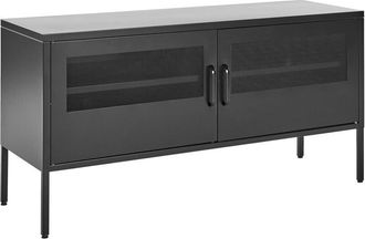 Beliani Credenza in metallo bianco 118 x 40 cm 2 ante in rete ripiani passacavi Morley