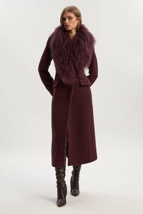 Karen Millen Womens Wool Detachable Fur Collar Tailored Double Breasted Midi Coat - Burgundy - Size 12 UK