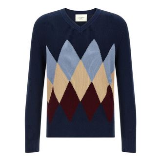 Ballantyne V-neck Knitwear, male, Blue, Size: XL Waffle Stitch V-neck Sweater