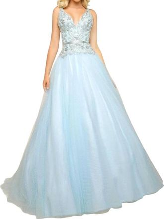 Mac Duggal Fit And Flare Ball Gown With Lace And Bead Applique In Aqua