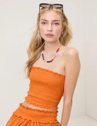 Nobody's Child Orange Shirred Bandeau Top