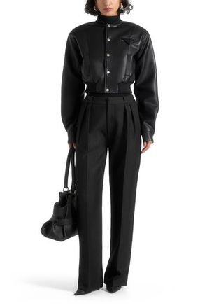 Mani&egrave;re De Voir Zina Leather Wide Shoulder Bomber Jacket in Black at Nordstrom, Size 10