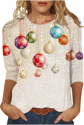 Generic Christmas Tops for Women Novelty Funny Xmas Tees Elk Snowman Print 3/4 Sleeeve Blouse Lightweight Christmas Jumpers Xmas T Shirts Women Holiday Tunic 