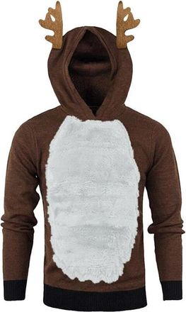 Generic Christmas Hoodie Mens Fleece Tops Long Sleeve Reindeer Funny Sweatshirts with Hood Colorblock Fluffy Pullover Novelty Jumper Tops Plush Pullover Top S